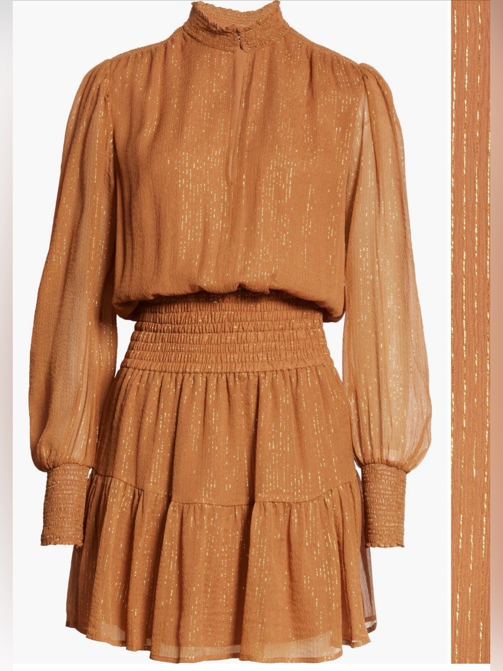 ALC Silvie Smocked long sleeve silk bend dress metallic mock neck keyhole